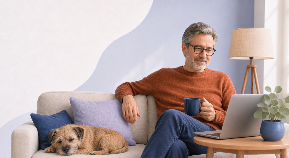 An adult learner taking a comfortable learning pause at home beside a dog
