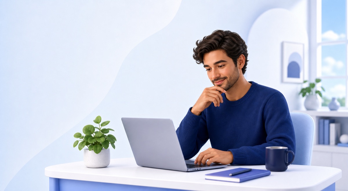 An adult learner calmly exploring an AI lesson on a laptop