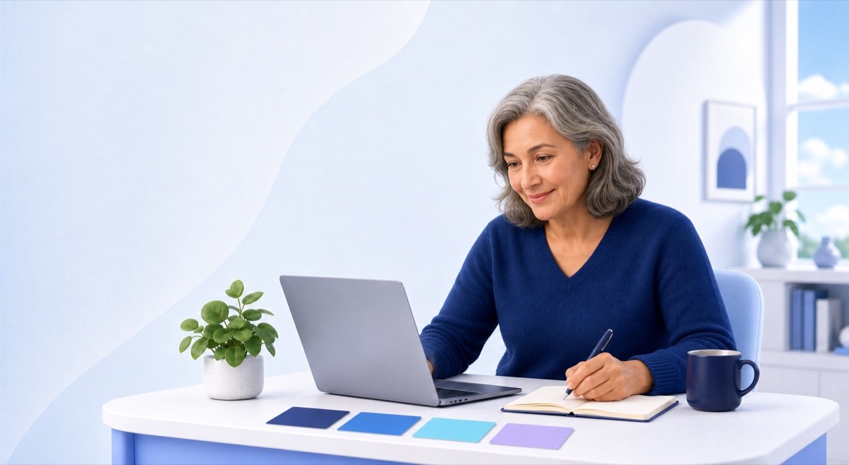 An adult learner building a prompt with a laptop, notebook and coloured cards